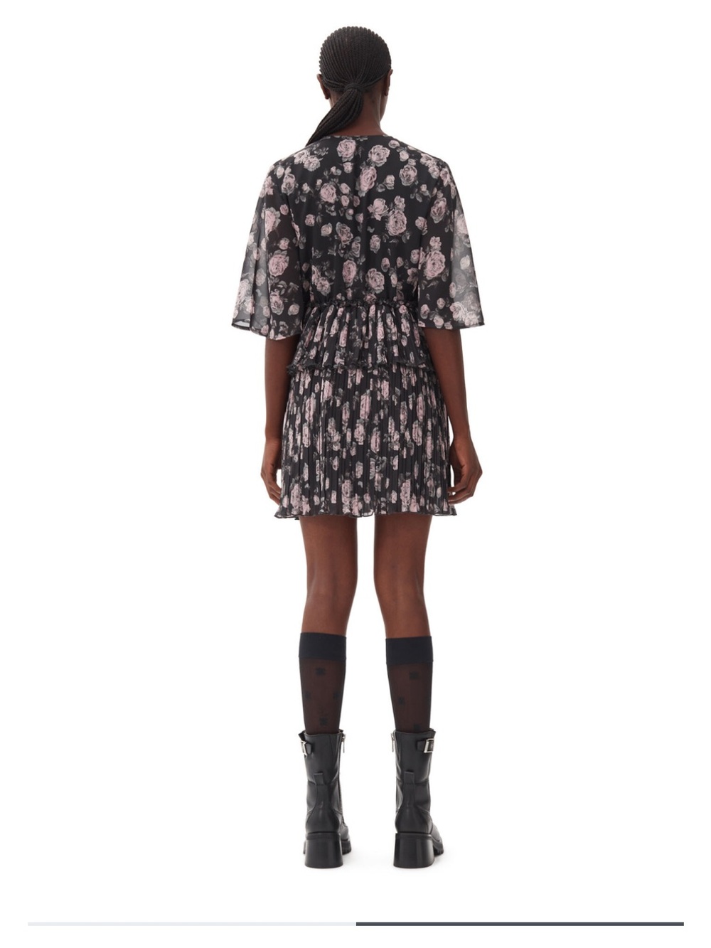 Ganni Black Mini Dress with Pink Floral Print - Picture 2 of 5